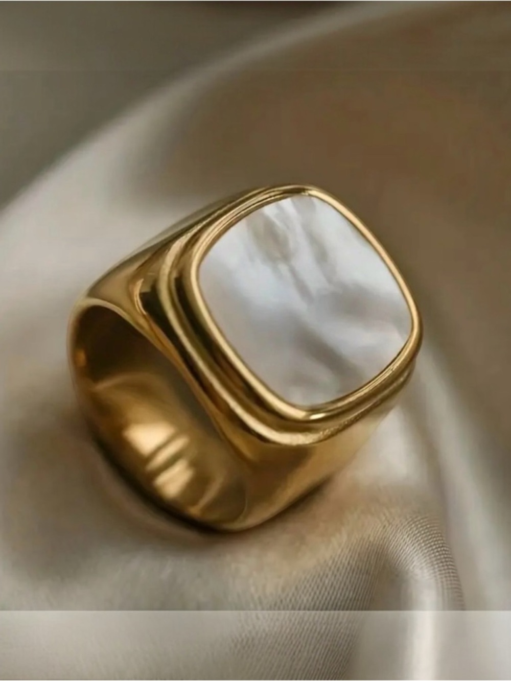 Stainless Steel Square Ring Gold Shell Stone